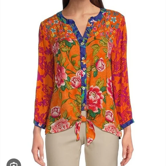 John MarkFloral Button-Down Tie-Front Top - Plus - Orange Print - Picture 3 of 6